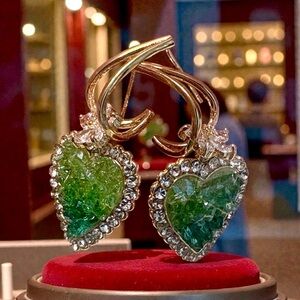 Heart-Shaped Green and Gold Earrings